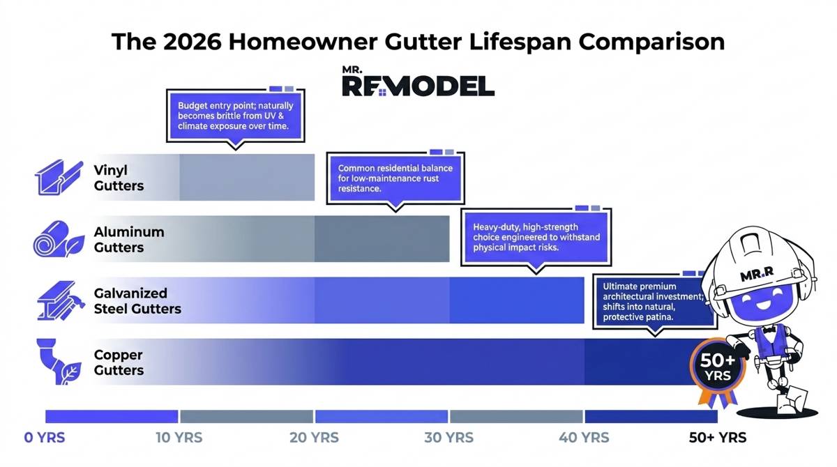 A 2026 gutter longevity infographic charting typical lifespans by material type: Vinyl (10-20 years), Aluminum (20-30 years), Galvanized Steel (20-40 years), and Copper (50+ years).